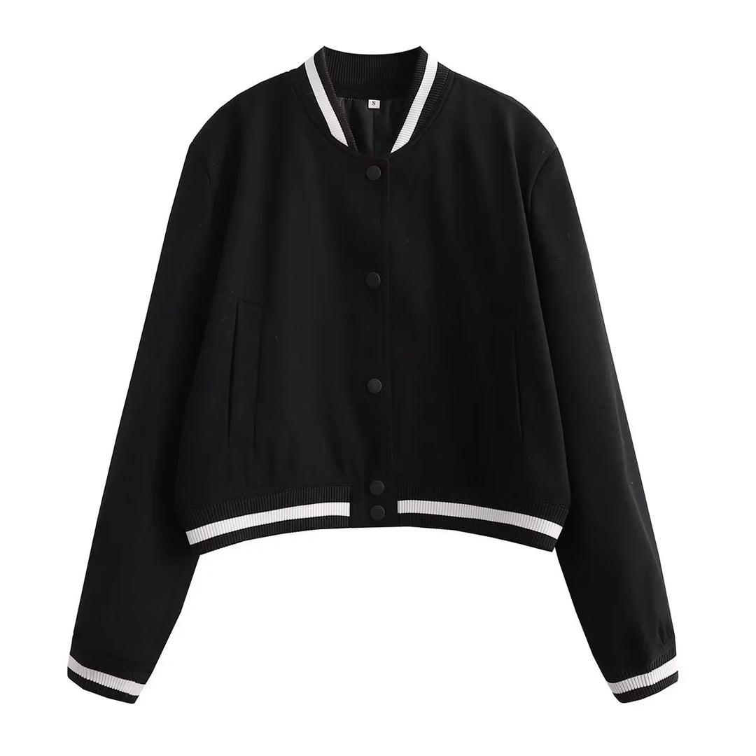 Damen Gekürzte College-Bomberjacke mit gestreiften Rippbündchen und Druckknopfverschluss Nord Taschen