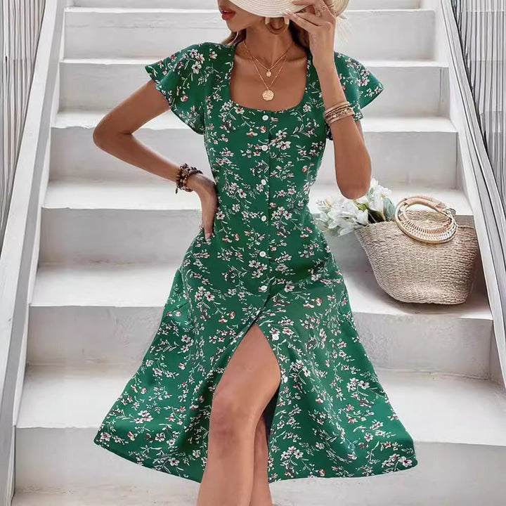 Damen Midi Kleid mit floralen Mustern und Knopfleiste