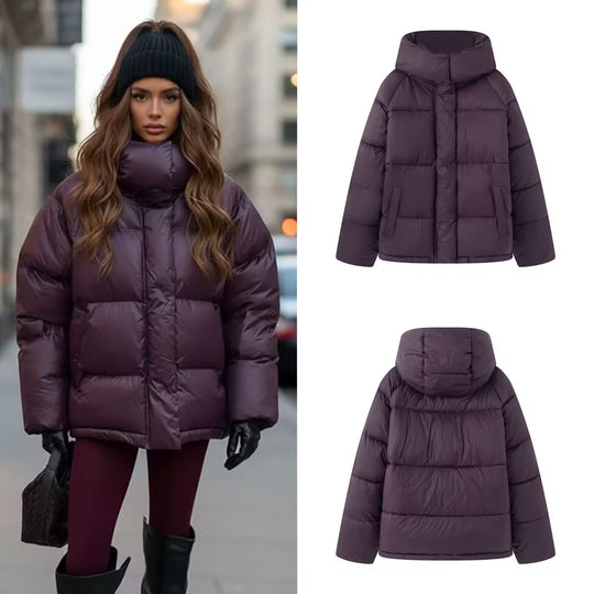Damen Kurze wattierte Oversize‑Steppjacke mit hohem Stehkragen und Kapuze Nord Taschen
