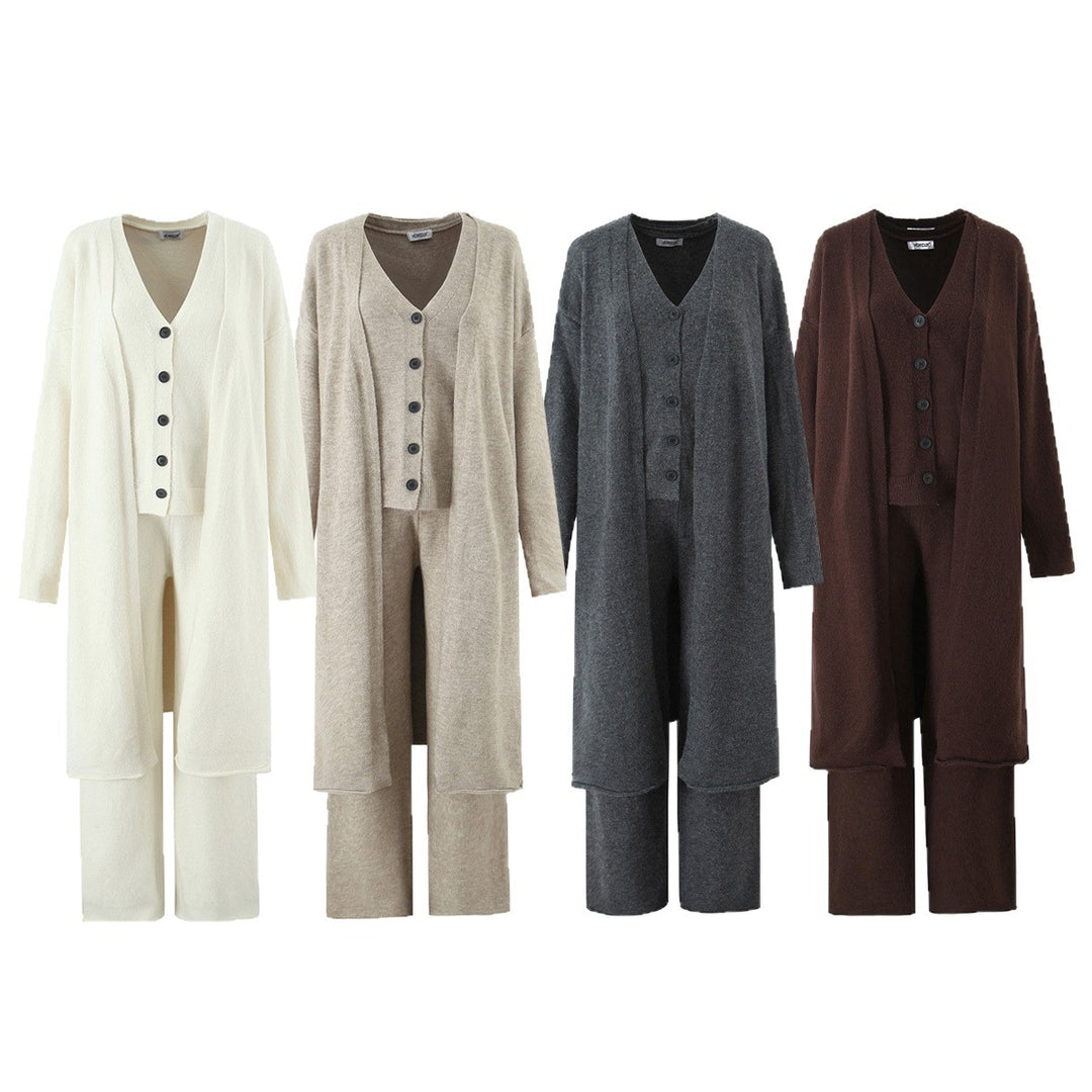 Damen Oversize Strick-Set mit Longcardigan, Knopf-Weste und weiten Hosen Nord Taschen