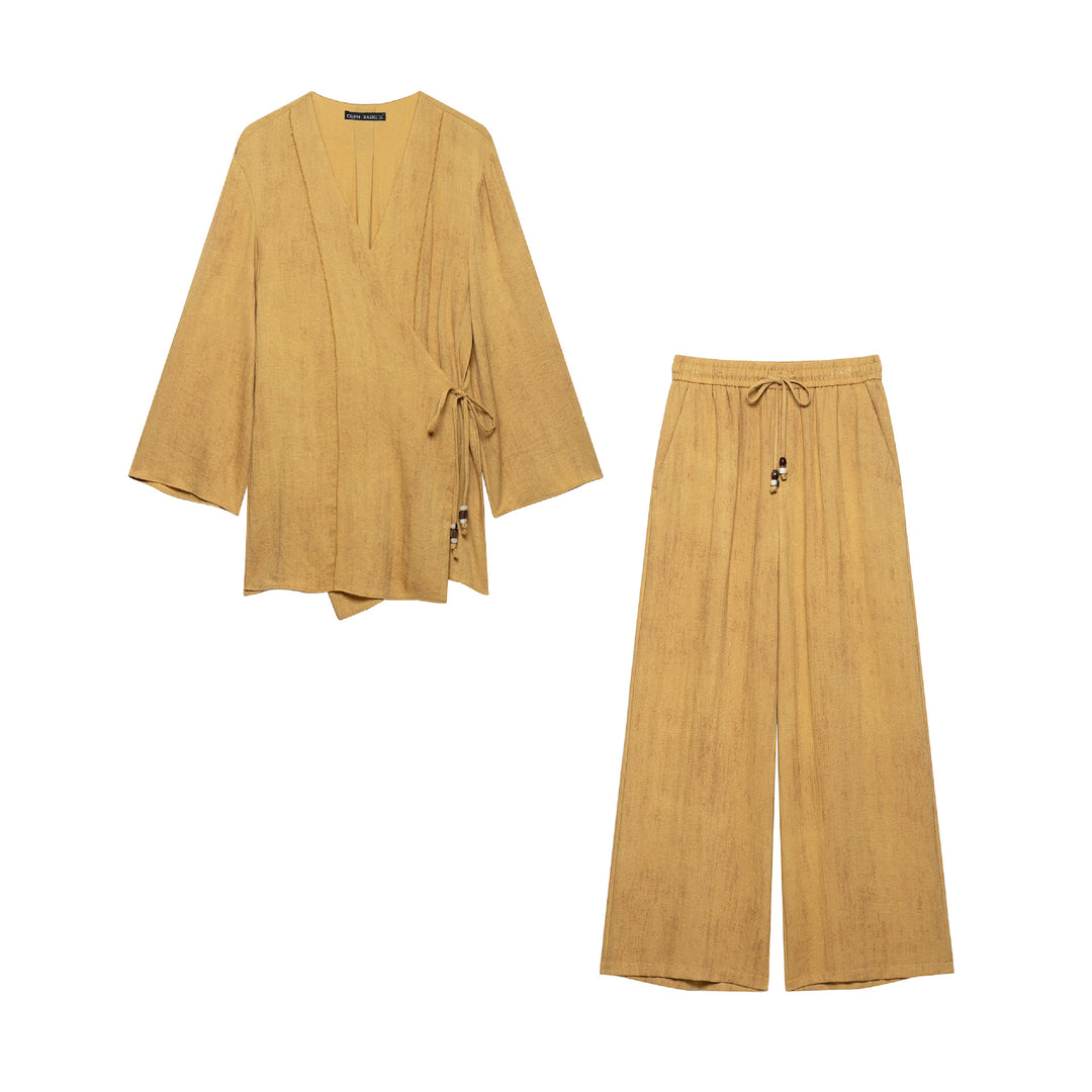 Damen Weite Culotte-Hose in Leinenoptik mit Gummibund und Zierkordel Nord Taschen