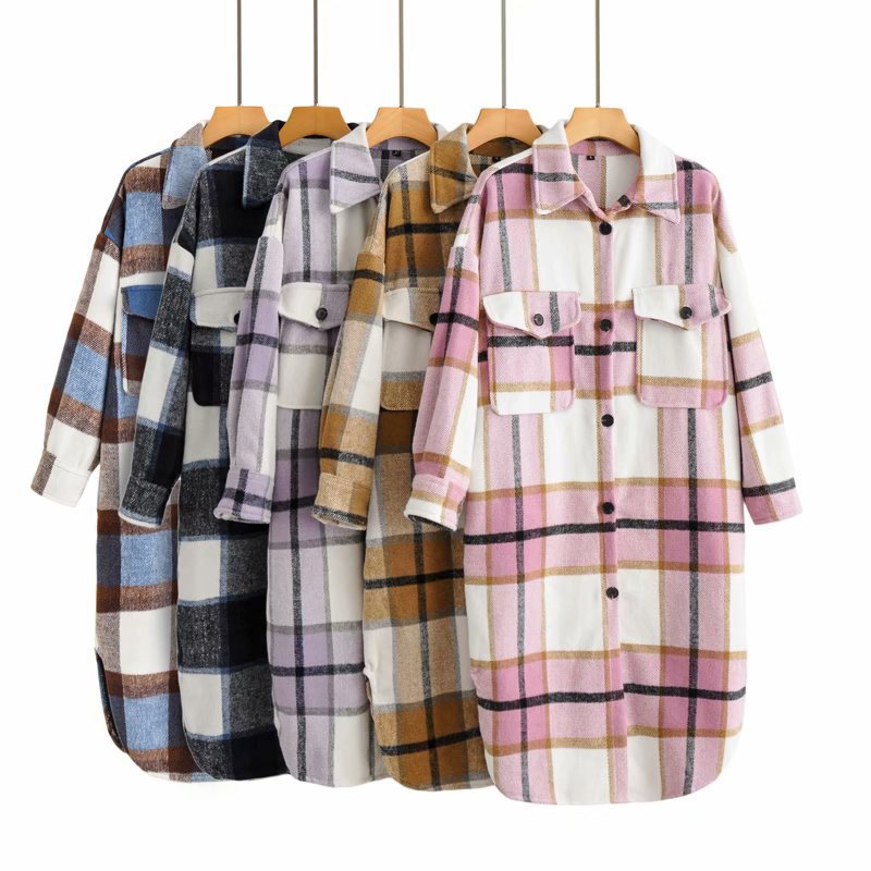 Damen Oversize-kariertes Longline-Überhemd mit Brustklappen Nord Taschen