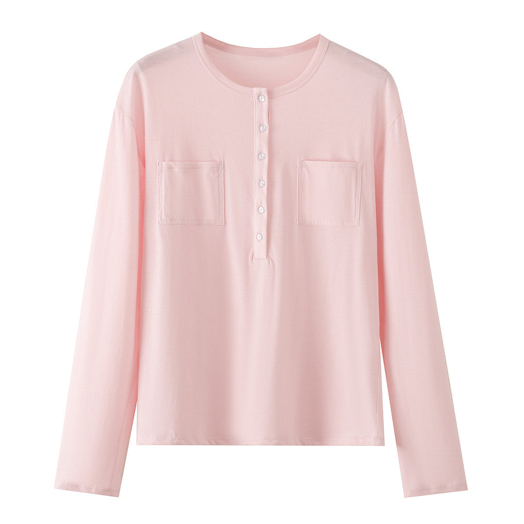 Damen Langarm-Henleyshirt mit Knopfleiste und aufgesetzten Brusttaschen Nord Taschen