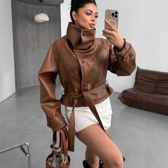 Damen Taillierte Kurzblouson‑Jacke aus Lederimitat mit hohem Stehkragen und Bindegürtel Nord Taschen