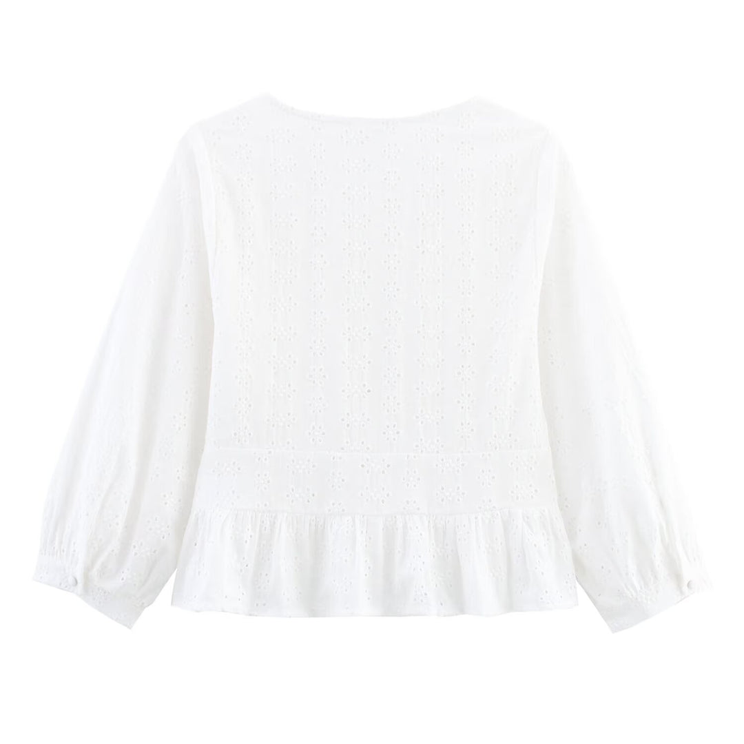 Damen Weiche Broderie-Anglaise-Bluse mit tiefem V‑Ausschnitt, Taillennaht und Volant Nord Taschen