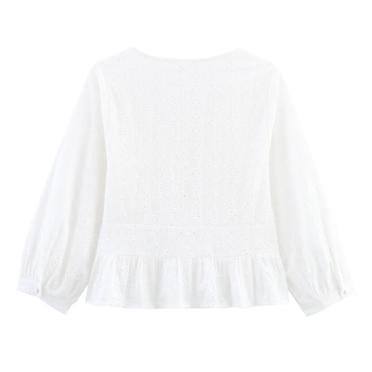 Damen Weiche Broderie-Anglaise-Bluse mit tiefem V‑Ausschnitt, Taillennaht und Volant Nord Taschen