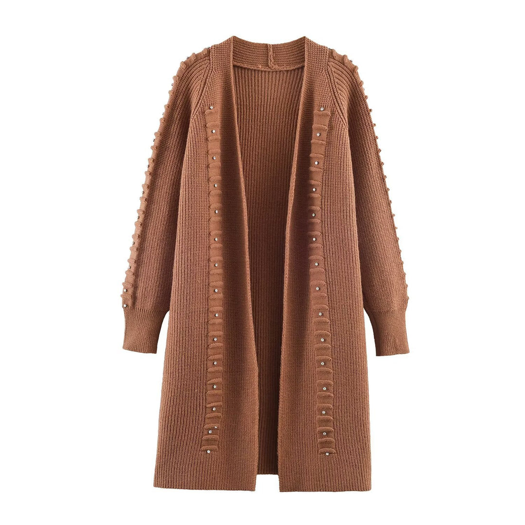 Damen Longline Strickcardigan mit Perlen- und Rüschendetail offene Front Nord Taschen