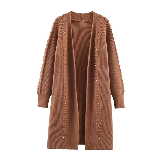 Damen Longline Strickcardigan mit Perlen- und Rüschendetail offene Front Nord Taschen