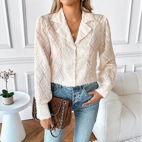 Damen Transparente Strukturbluse mit Fransenoptik, Hemdkragen und durchgehender Knopfleiste Nord Taschen