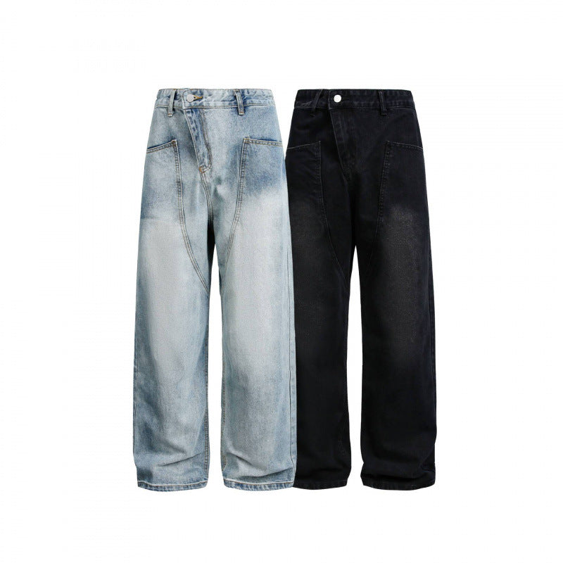 Damen Weite High-Waist Denim-Hose mit geschwungenen Vordertaschen Nord Taschen
