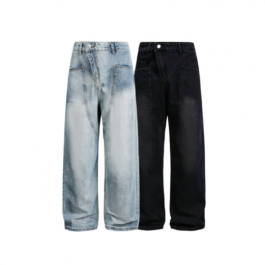 Damen Weite High-Waist Denim-Hose mit geschwungenen Vordertaschen Nord Taschen