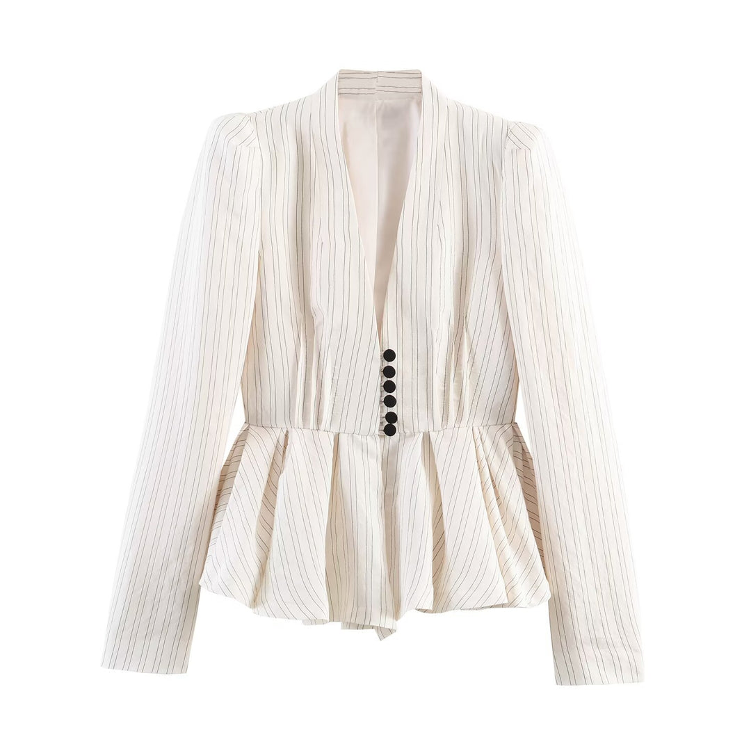Damen Taillierter Peplum-Blazer mit tiefem V-Ausschnitt und Nadelstreifen Nord Taschen