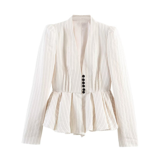 Damen Taillierter Peplum-Blazer mit tiefem V-Ausschnitt und Nadelstreifen Nord Taschen