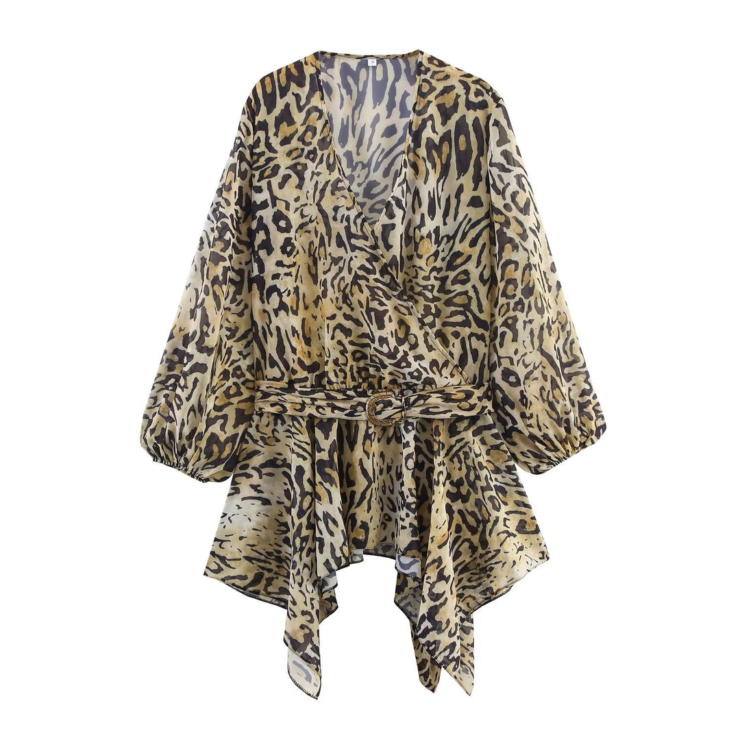 Damen Asymmetrische Wickelbluse mit Leopardenmuster, V-Ausschnitt, Ballonärmeln und Taillengürtel Nord Taschen