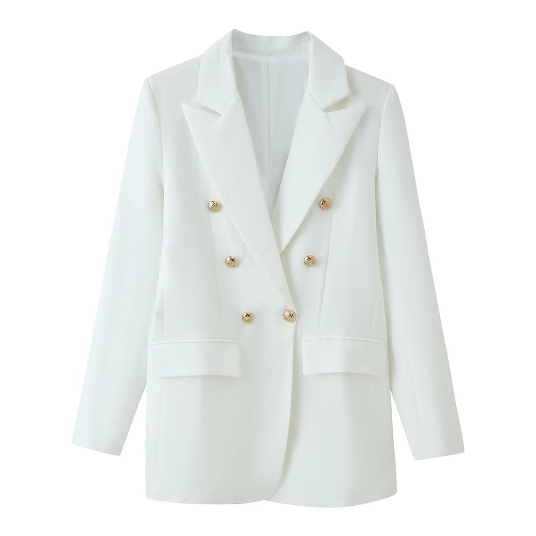 Damen Longline-Doppelreiher Blazer mit markanten Revers und goldenen Zierknöpfen Nord Taschen