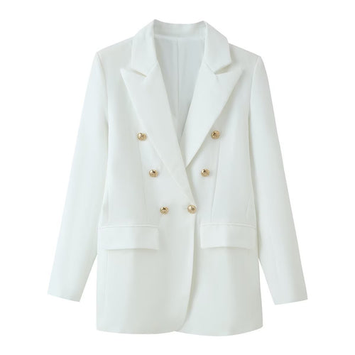 Damen Longline-Doppelreiher Blazer mit markanten Revers und goldenen Zierknöpfen Nord Taschen