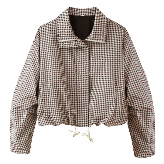 Damen Kariertes Cropped-Fieldjacke mit Tunnelzugsaum, Stehkragen und Boxy-Silhouette Nord Taschen