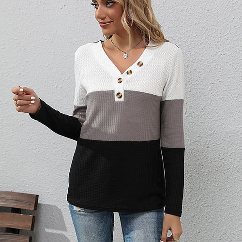 Damen Waffelstrick-Longsleeve mit V-Ausschnitt und Henley-Knopfleiste Nord Taschen