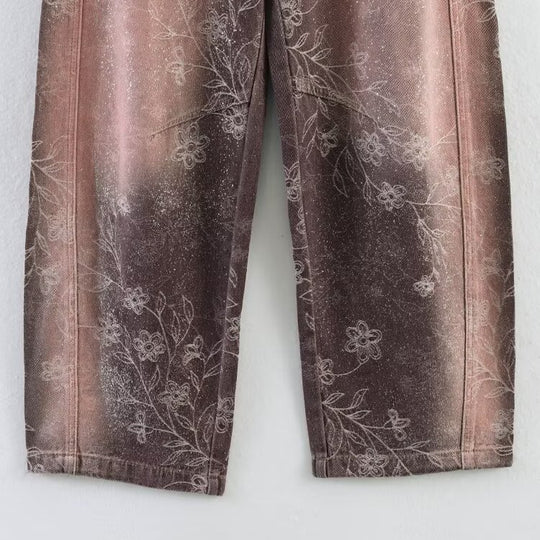 Damen Weite High‑Waist‑Jeans mit floralem Allover‑Print und Used‑Farbverlauf Nord Taschen