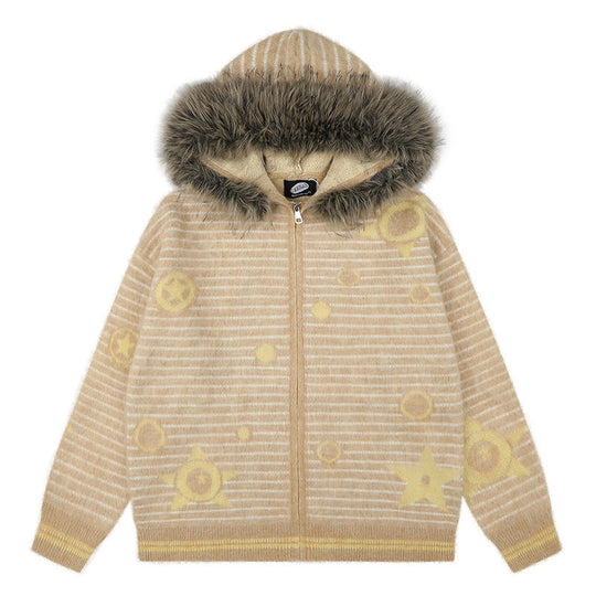 Damen Kapuzen-Strickjacke mit Fellbesatz, gestreifter Mohair‑Optik und Sternapplikationen Nord Taschen