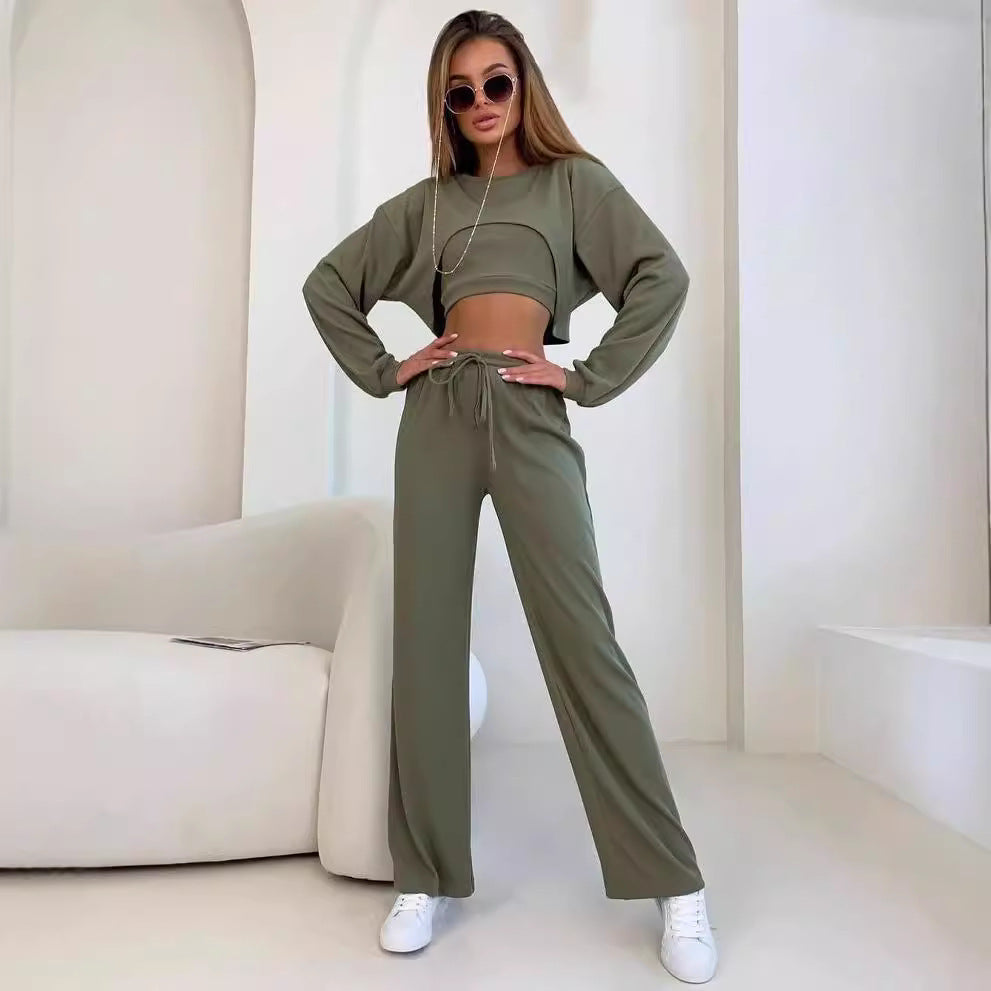 Damen Ripp-Lounge-Set mit Cut-Out Croptop, Oversize Cropped Pullover und High-Waist Jogginghose Nord Taschen