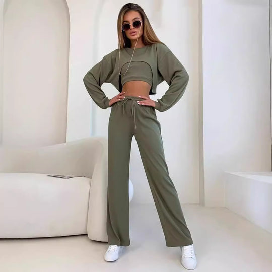 Damen Ripp-Lounge-Set mit Cut-Out Croptop, Oversize Cropped Pullover und High-Waist Jogginghose Nord Taschen