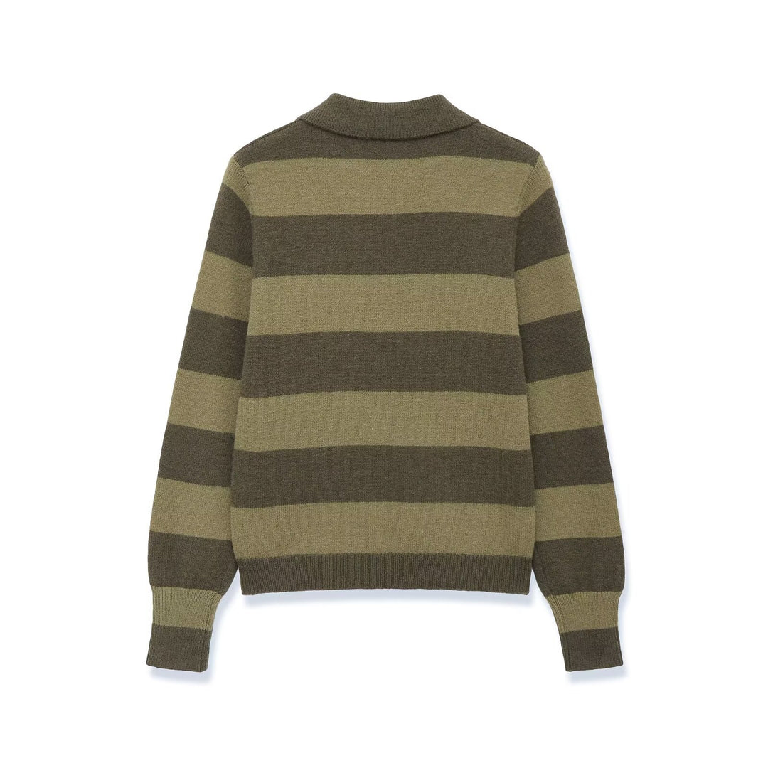 Damen Gestreifte Strickcardigan mit Hemdkragen und Knopfleiste Nord Taschen