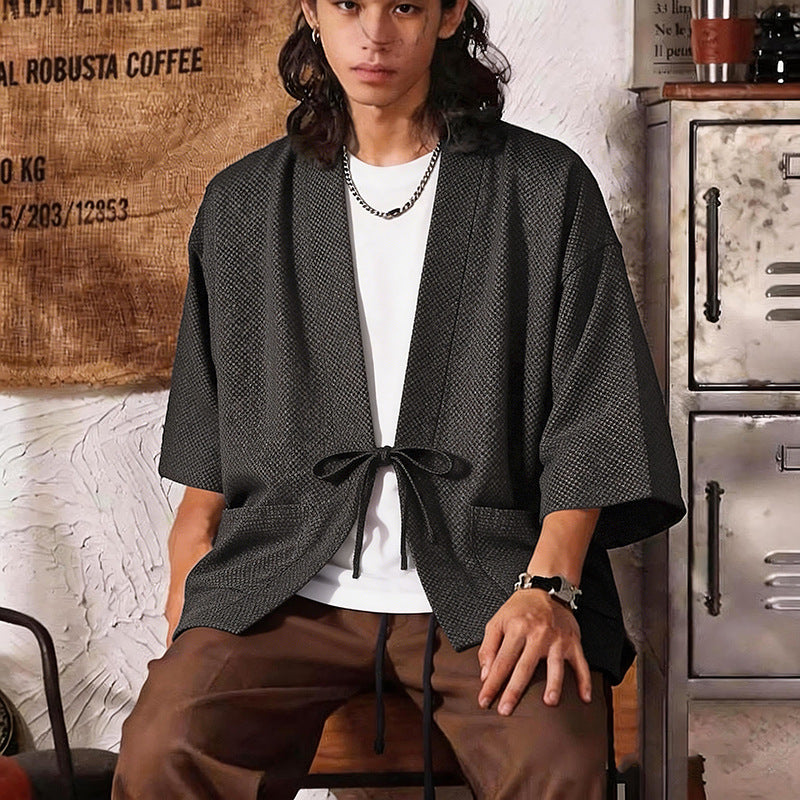 Herren Lockerer Kimono-Cardigan aus strukturierter Baumwollmischung mit kurzem Ärmel und Bindeband Nord Taschen