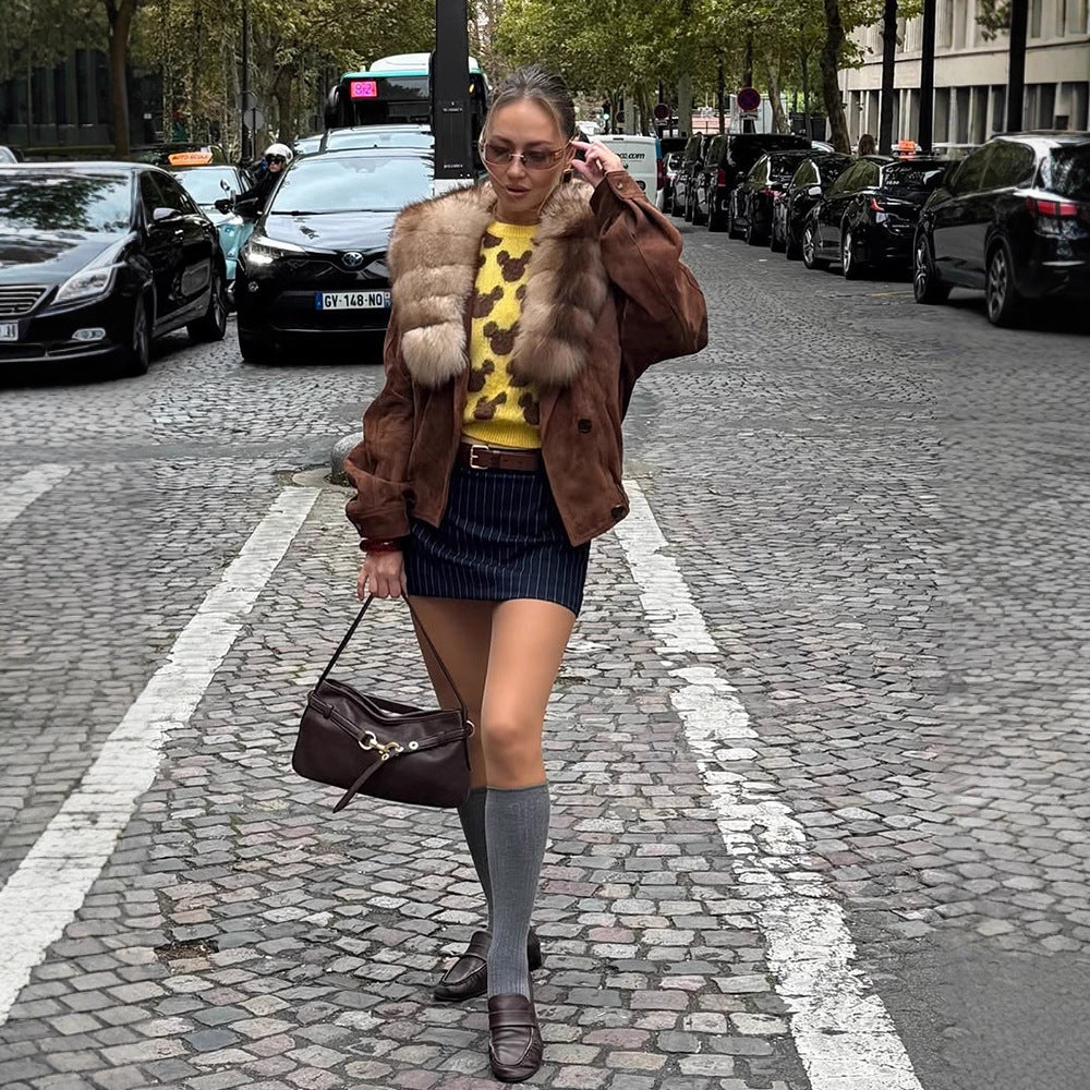 Damen Wildleder-Bomberjacke mit voluminösem Pelzschal und elastischem Saum Nord Taschen