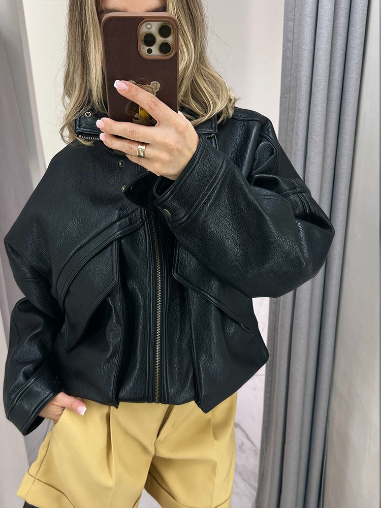 Damen Oversize-Bomberjacke aus strukturiertem Lederimitat mit überlappender Klappenfront Nord Taschen