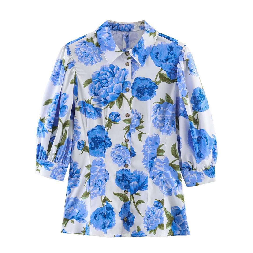 Damen Hemdbluse im A-Linien‑Schnitt mit floraler Allover‑Print, taillierten Teilungsnähten und Puffärmeln Nord Taschen