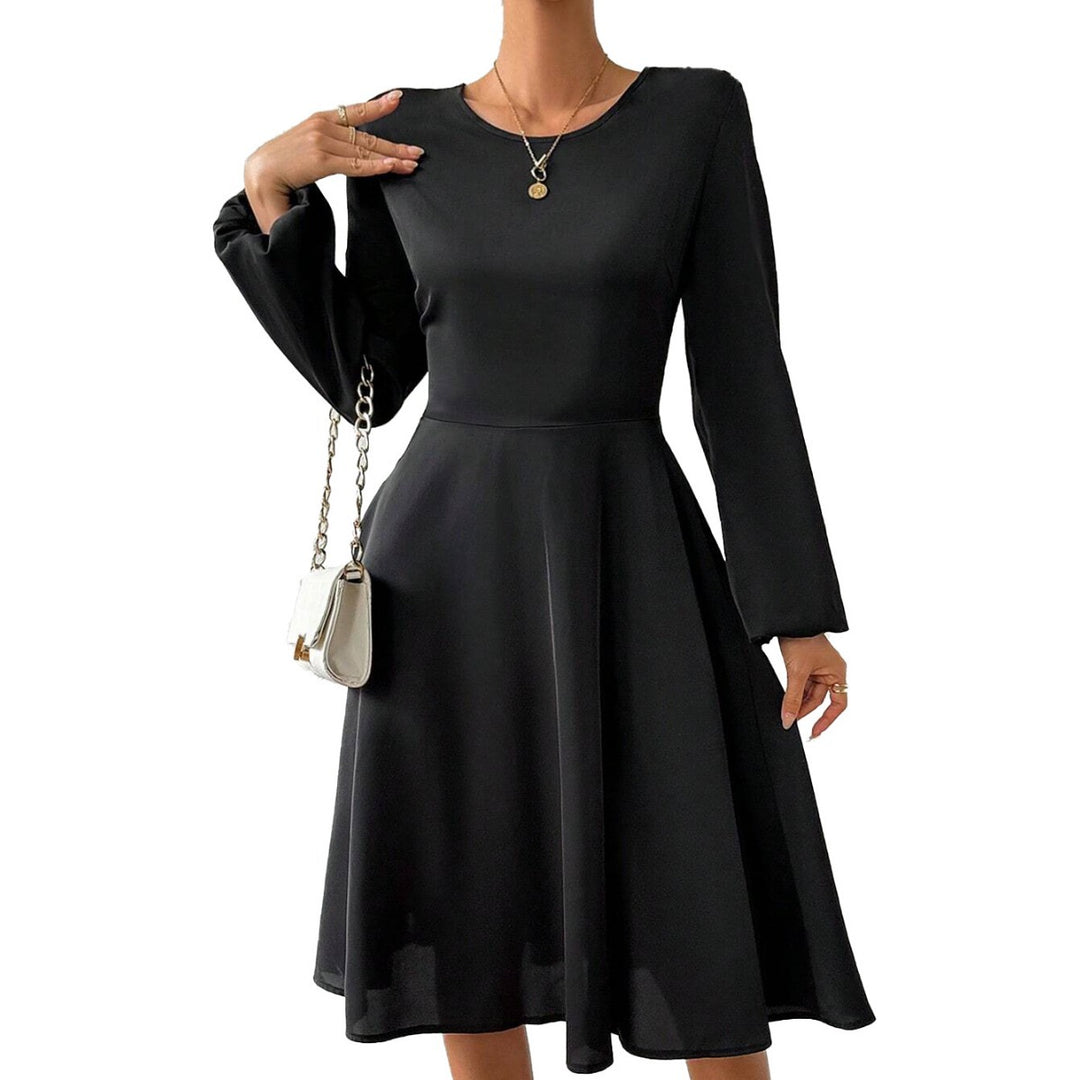 Damen elegantes Midikleid mit taillierter Korsagenoptik ausgestelltem A-Linien-Rock und langen ausgestellten Ärmeln Nord Taschen
