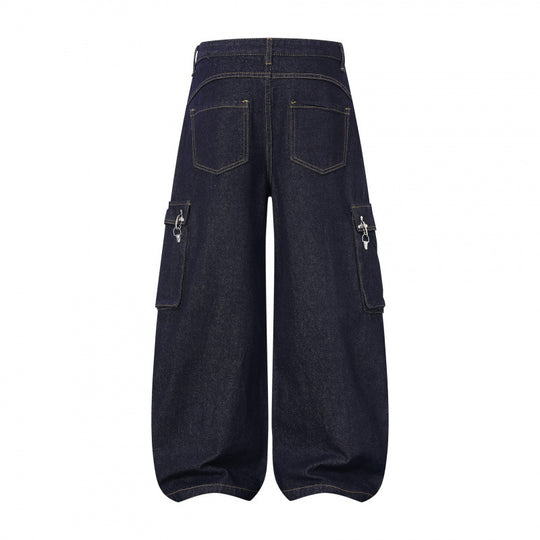 Damen Ballonförmige Cargo-Jeans mit hoher Taille, weitem Bein und aufgesetzten Klappentaschen Nord Taschen