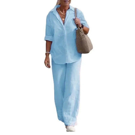 Damen Leichtes Leinen-Loungewear-Set mit offenem Hemdkragen und weiter Palazzohose Nord Taschen