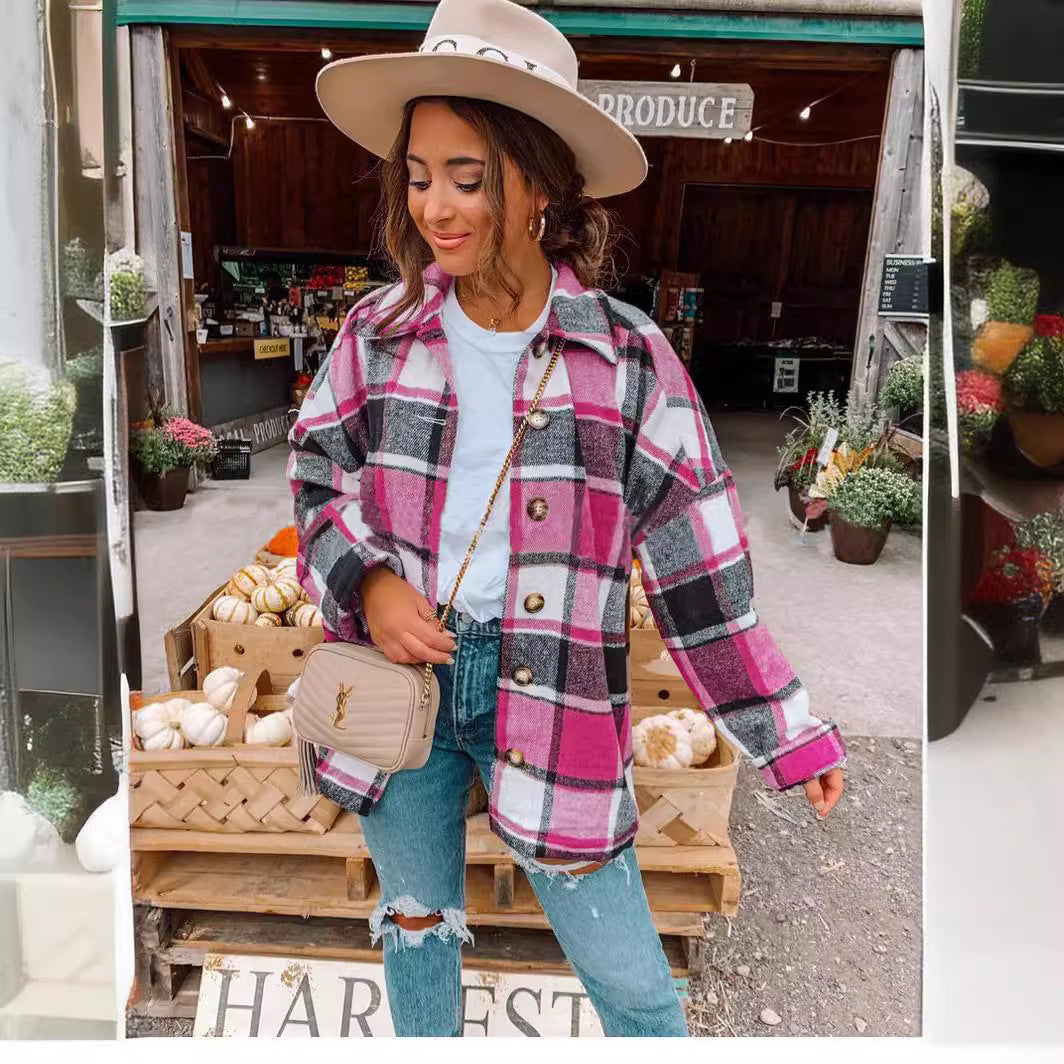 Damen Oversized Kariertes Flanell‑Shacket mit Brusttaschen und Holzknöpfen Nord Taschen