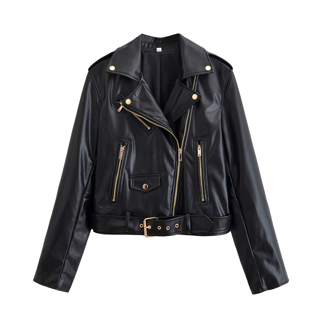 Damen Bikerjacke aus Lederimitat mit asymmetrischem Reißverschluss, Taillengürtel und goldfarbenen Details Nord Taschen