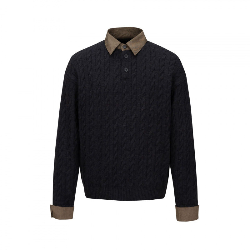 Herren Strukturiertes Zopfmuster-Henley-Strickshirt mit Kontrast-Hemdkragen und Umschlagmanschetten Nord Taschen