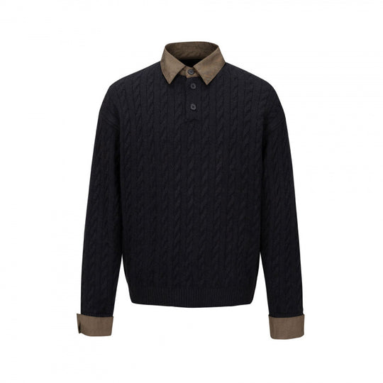 Herren Strukturiertes Zopfmuster-Henley-Strickshirt mit Kontrast-Hemdkragen und Umschlagmanschetten Nord Taschen