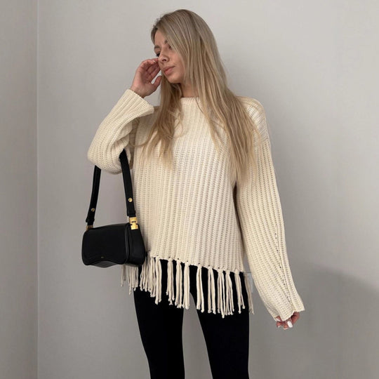 Damen lässiger Rippstrick-Pullover mit Fransen-Saum und Oversize-Silhouette Nord Taschen