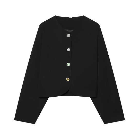 Damen Kurzblazer ohne Kragen mit Schmuckknöpfen und kurzem Cropped‑Schnitt Nord Taschen