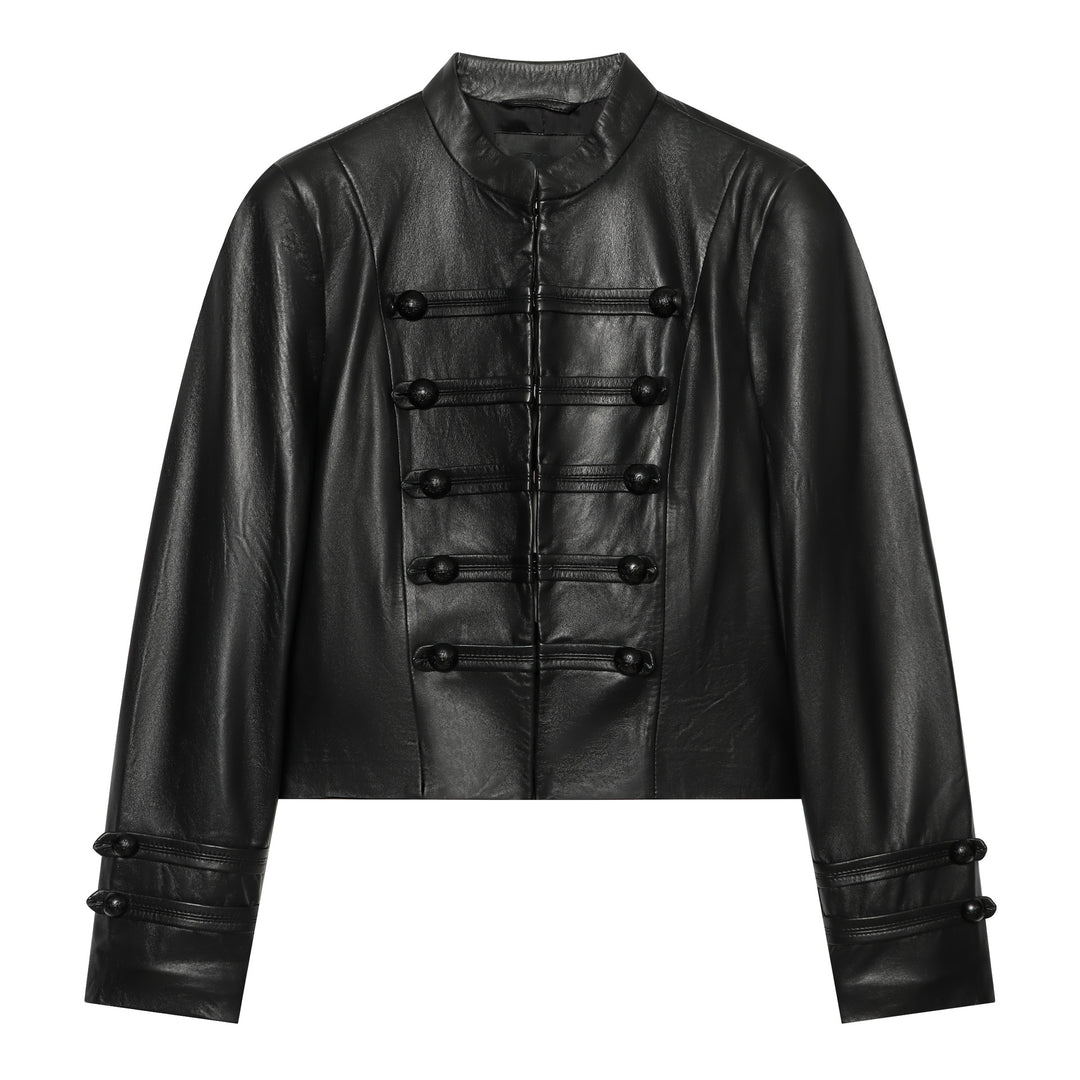 Damen Cropped Kunstlederjacke im Mandarin Militärestik mit Zierkordeln und Stehkragen Nord Taschen