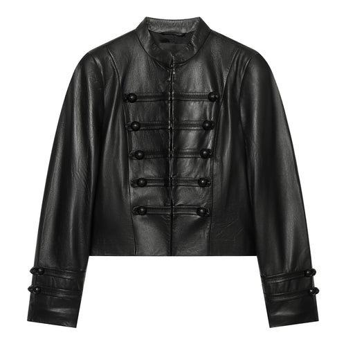 Damen Cropped Kunstlederjacke im Mandarin Militärestik mit Zierkordeln und Stehkragen Nord Taschen