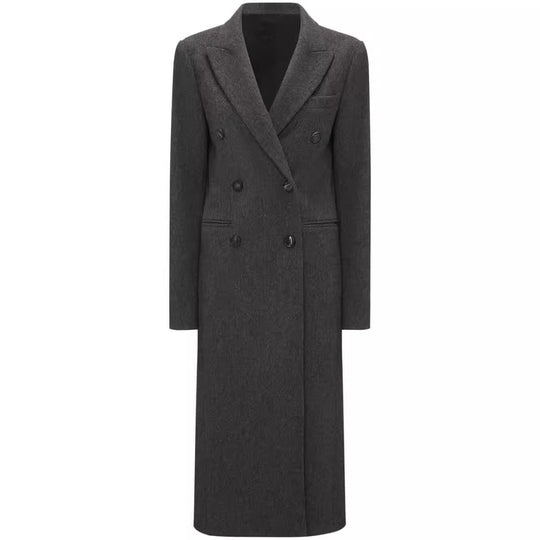 Damen Doppelreihiger Longcoat im Tailoring‑Look mit schmaler Silhouette und markanter Schulter Nord Taschen