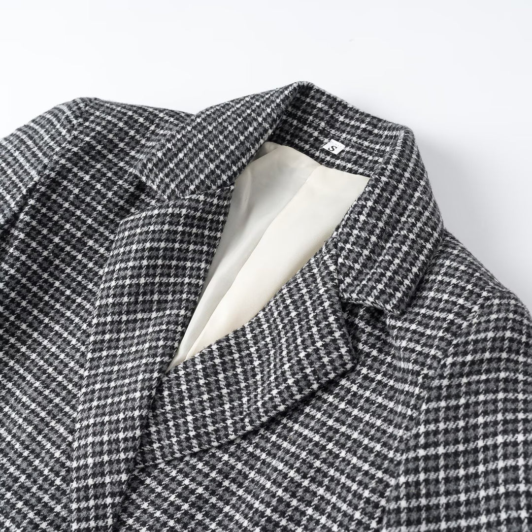 Damen Cropped Wollmischblazer mit Hahnentritt‑Muster und doppelreihiger Knopfleiste Nord Taschen