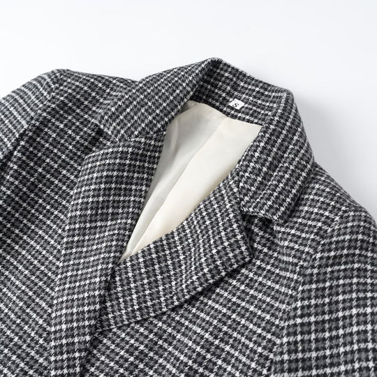 Damen Cropped Wollmischblazer mit Hahnentritt‑Muster und doppelreihiger Knopfleiste Nord Taschen