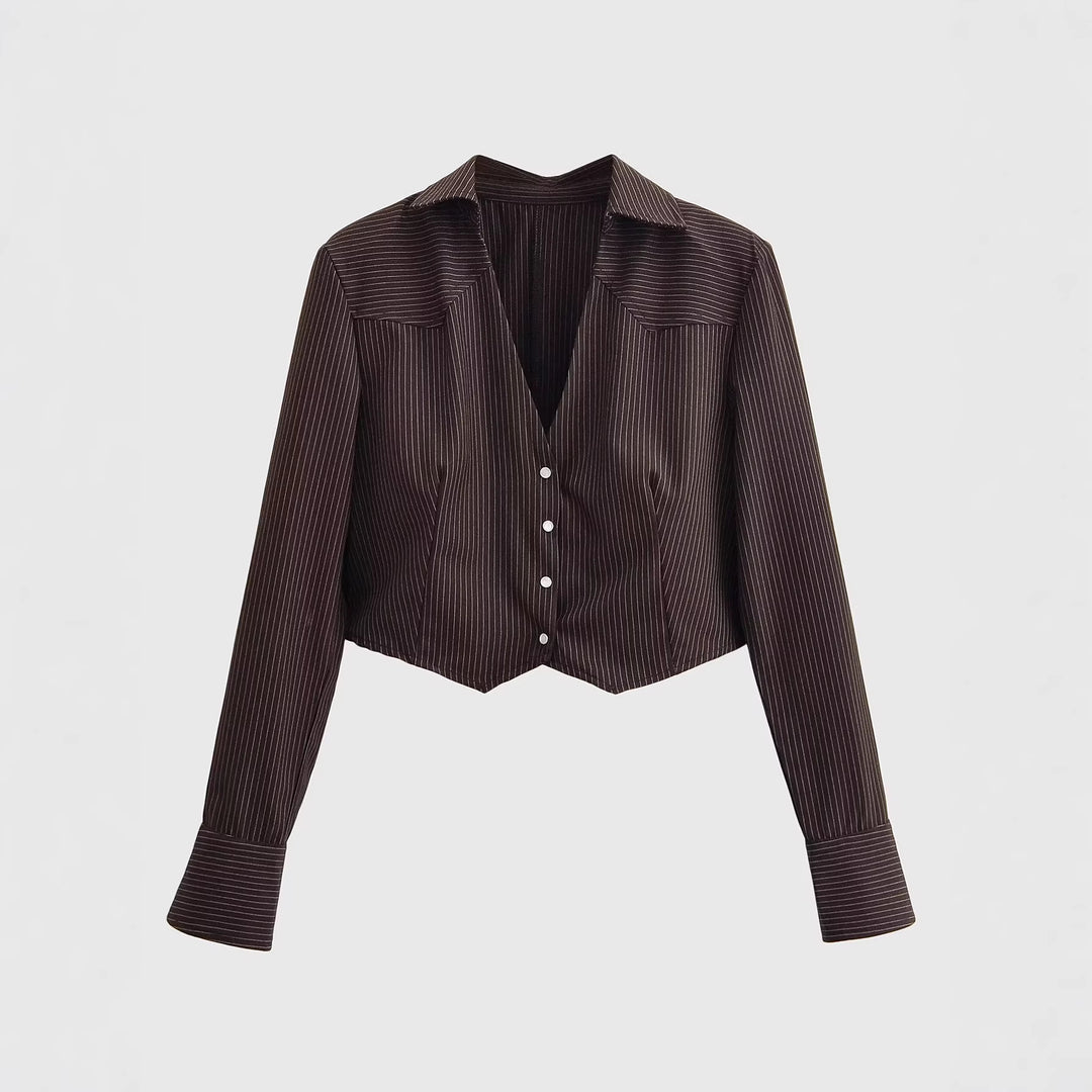 Damen Taillierte Cropped-Hemdbluse im Nadelstreifen mit tiefem V-Ausschnitt Nord Taschen