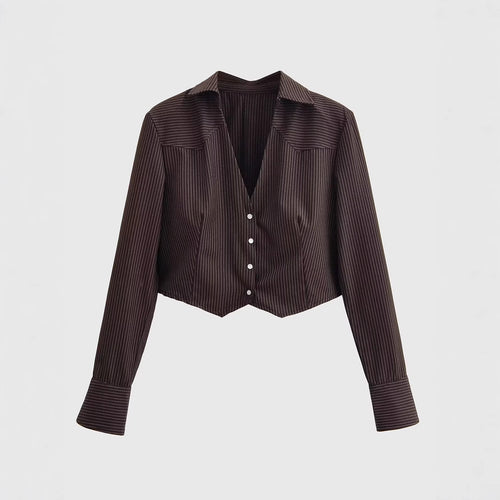 Damen Taillierte Cropped-Hemdbluse im Nadelstreifen mit tiefem V-Ausschnitt Nord Taschen