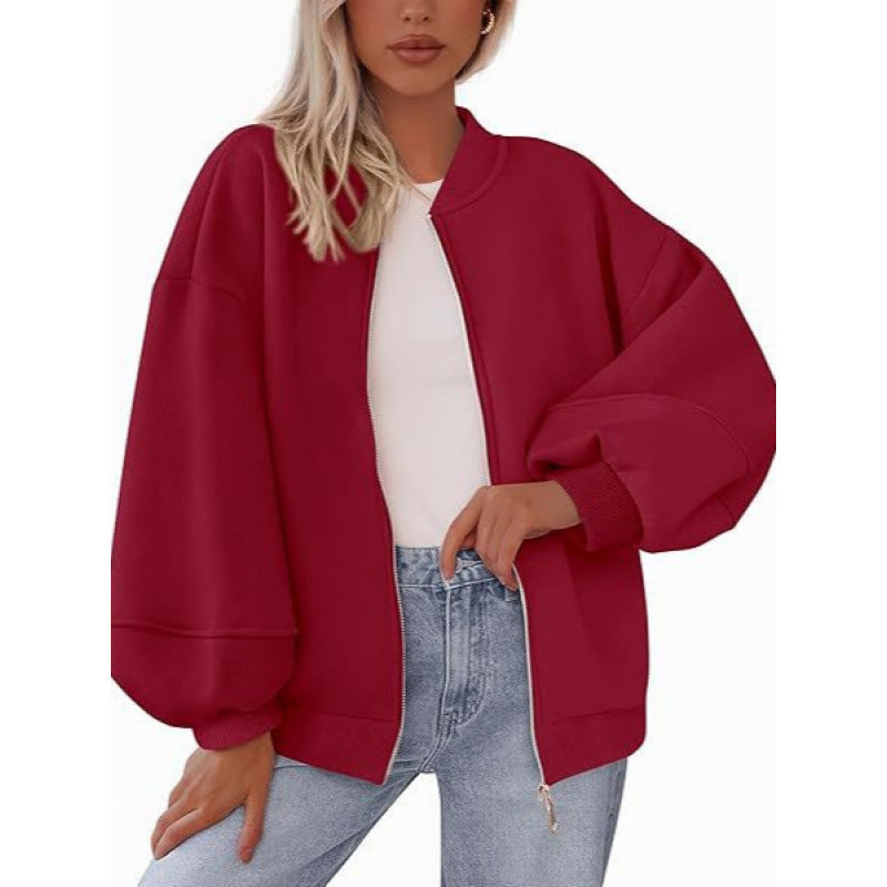 Damen lässige Oversized-Jacke mit Reißverschluss und ballonen Ärmeln