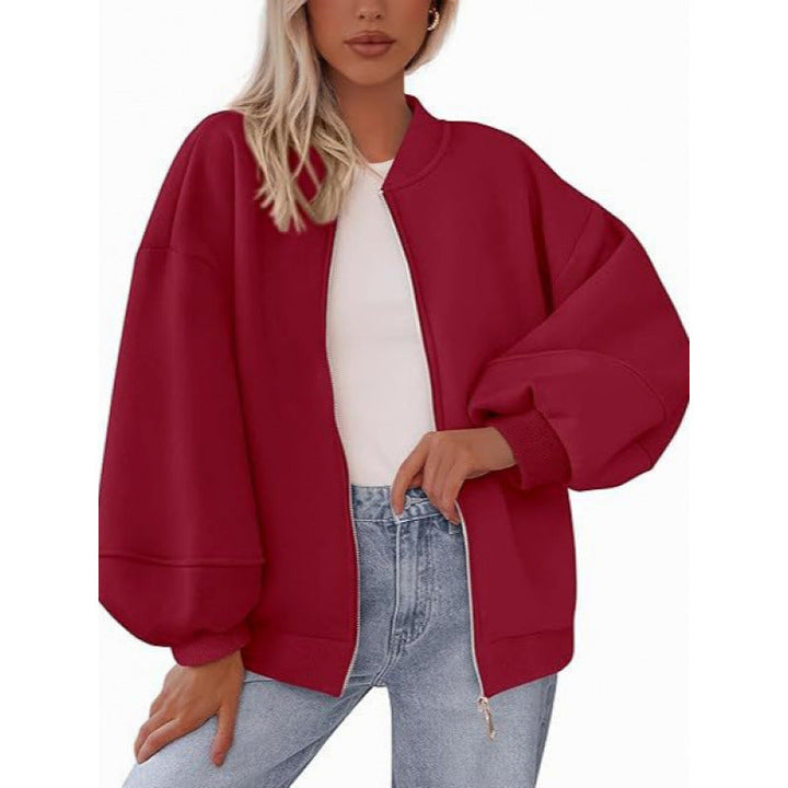 Damen lässige Oversized-Jacke mit Reißverschluss und ballonen Ärmeln
