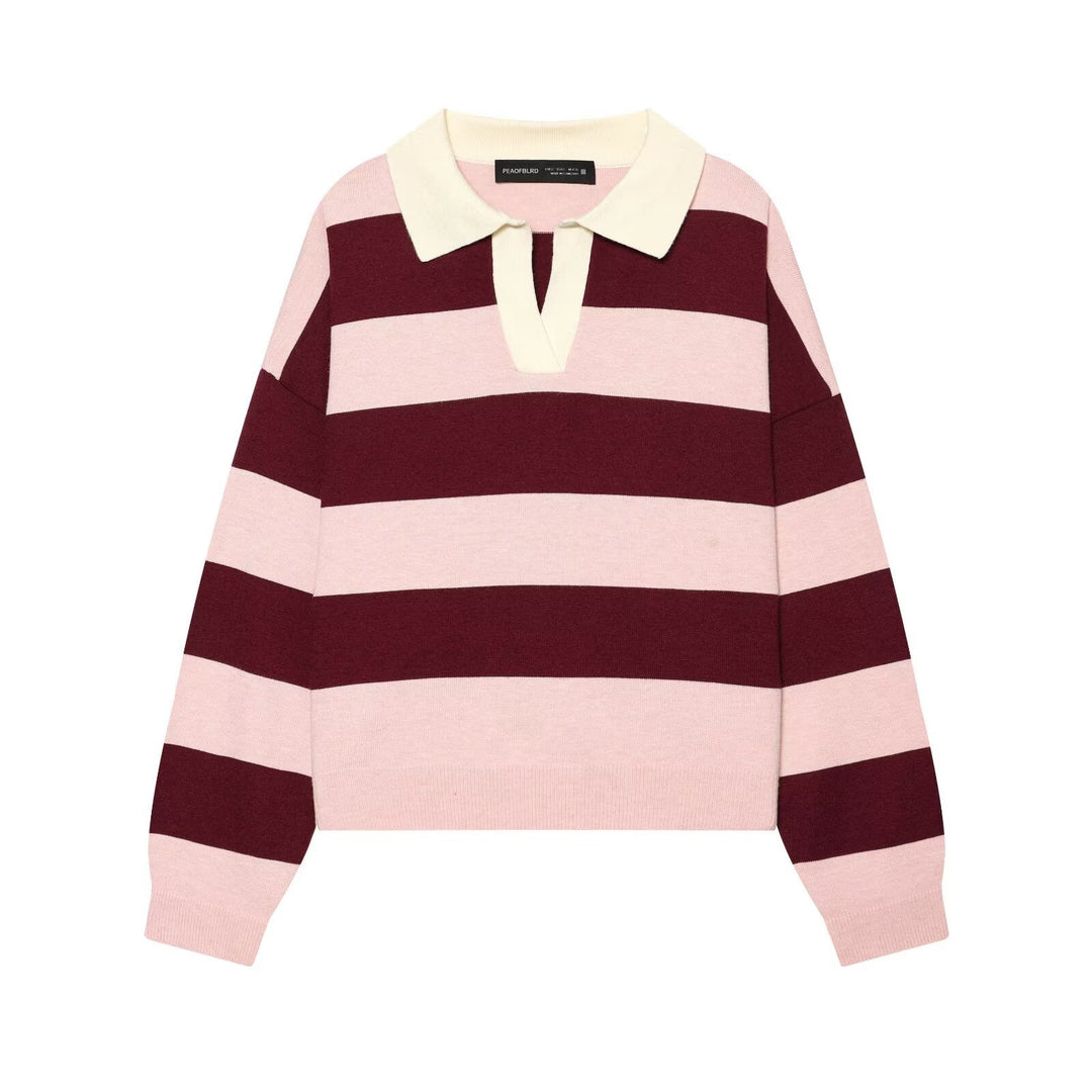 Damen Oversize Rugby-Pullover mit Polokragen und breiten Blockstreifen Nord Taschen